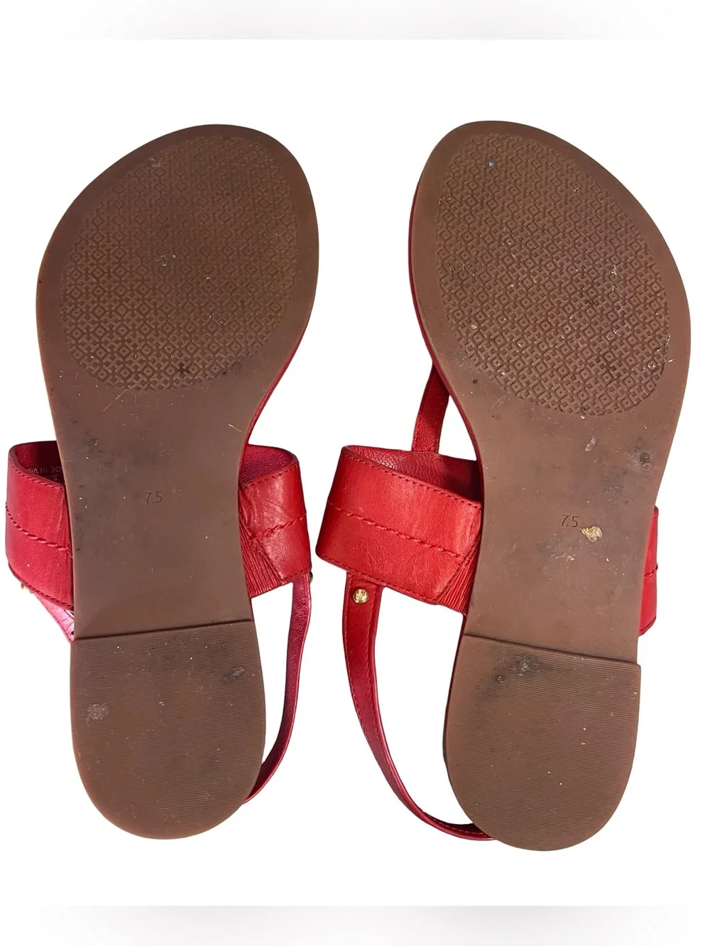 Tory Burch Women’s Sz 7.5 Red Leather Everly Sandals T-Strap Gold Logo